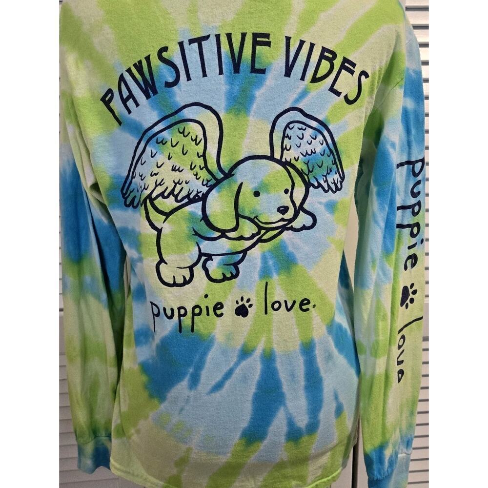 Puppy Love Size SMALL Blue Green Tie Dye Long Sleeve Logo Crew Neck Dog Hippie - Picture 5 of 7